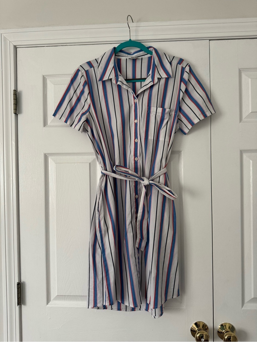 J. Crew White Mini Shirt Dress with Blue & Red Stripes